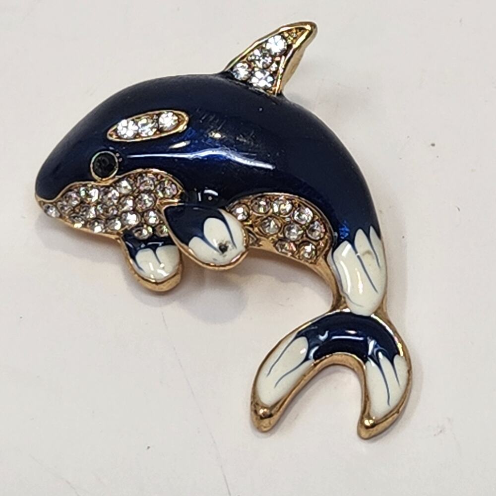 Orca Whale Blue White Enamel Clear Rhinestone Brooch Pendant Combination Jewelry